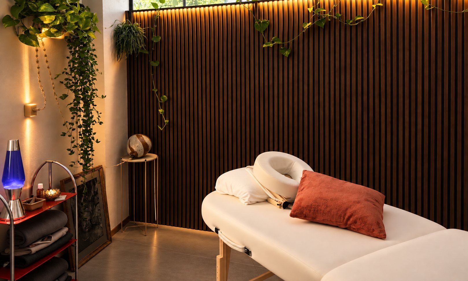 L'ambiance de l'Atelier du Corps à Territet : table de massage, mur en bois à lattes et plantes suspendues
